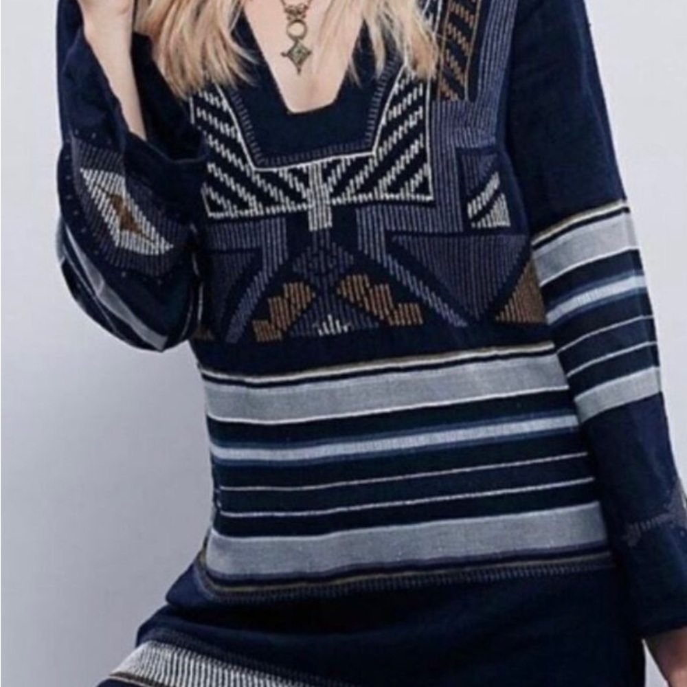 Free People Navy V-Neck Geometric Knit Sweater with Brown and Gray Accents